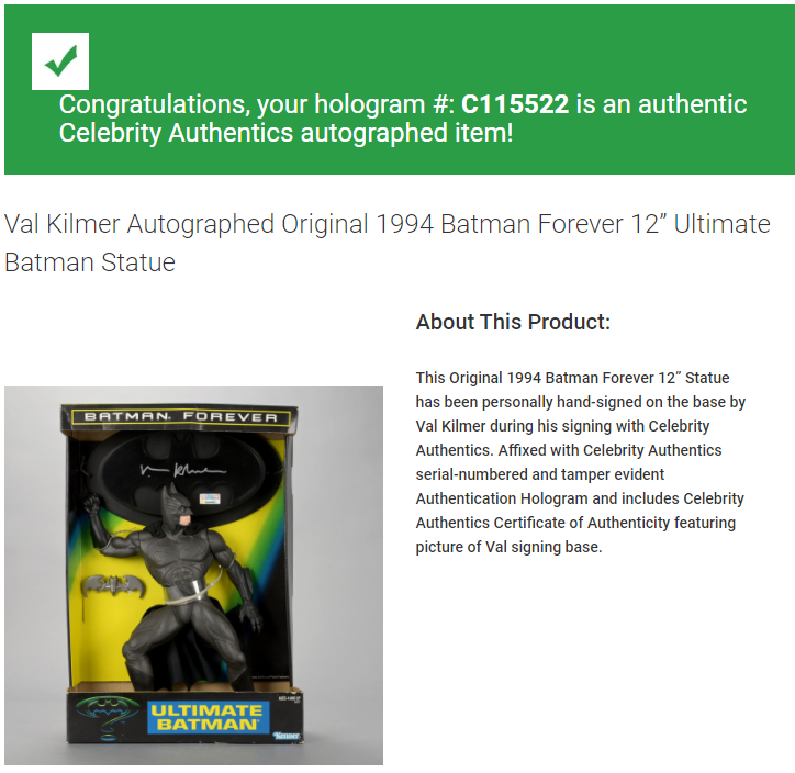 Batman figure signed by Val Kilmer