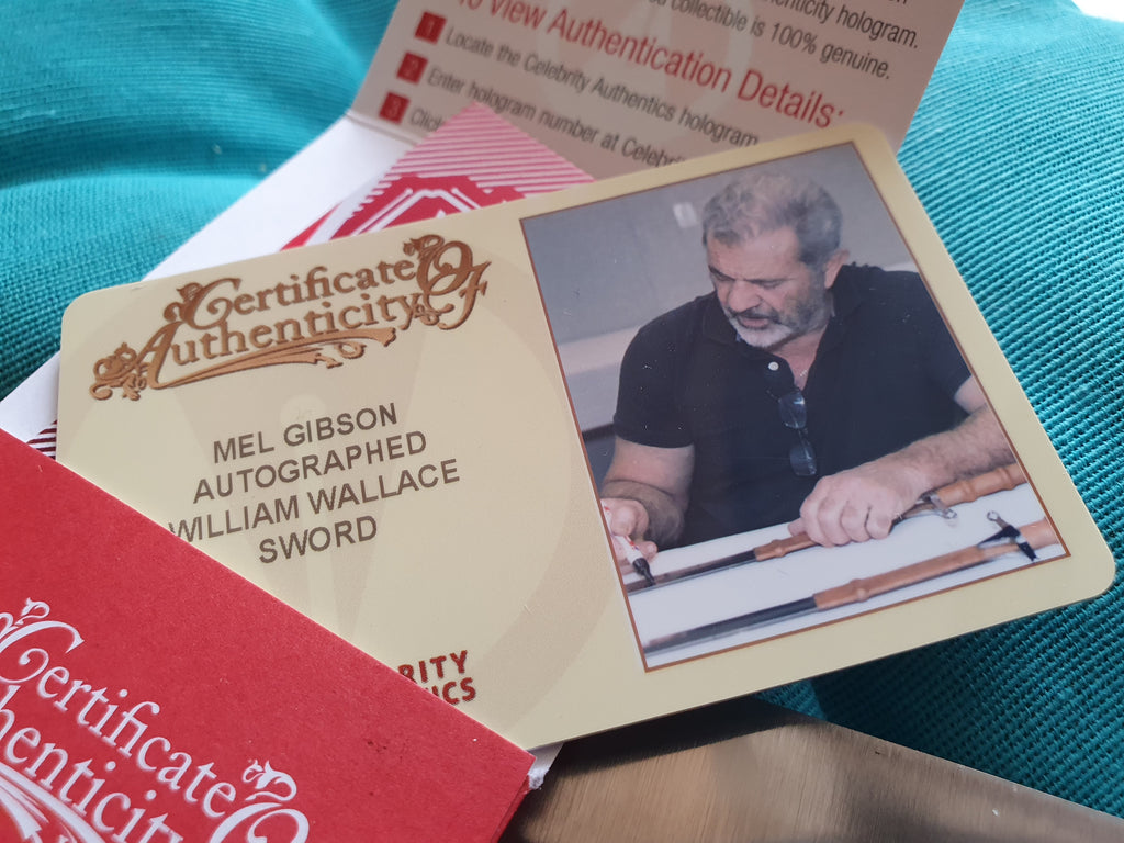 Epée du film Braveheart signée par Mel Gibson. Certificat d'authenticité avec photo