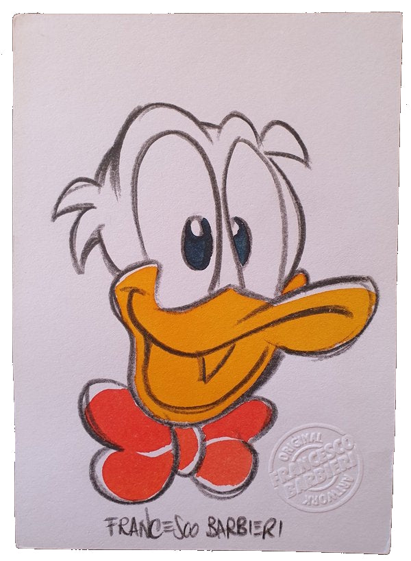 Donald Duck heureux dessin original en couleurs par l'artiste Francesco Barbieri