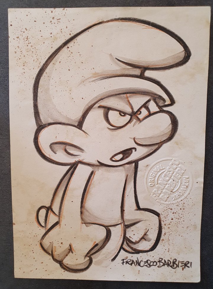 Schtroumpf Grincheux 2. Dessin original.