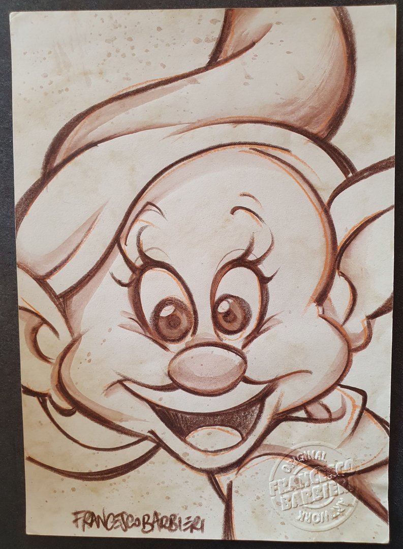 Simplet, Blanche-Neige et les Sept nains, Disney. Dessin original.