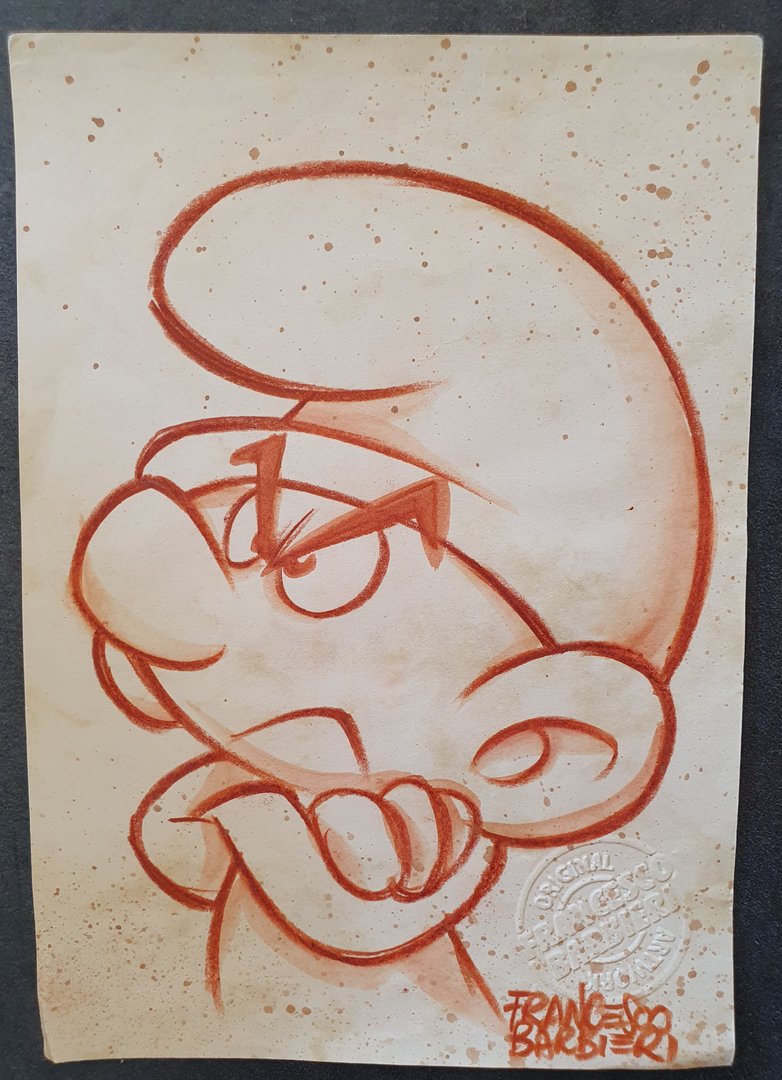 Schtroumpf Grincheux. Dessin original.