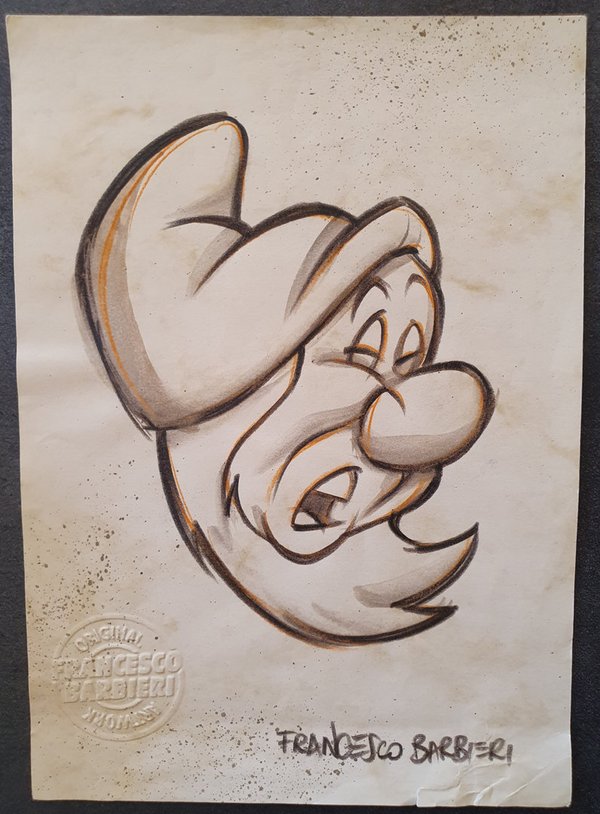 Dormeur, Blanche Neige et les Sept nains, Disney. Dessin original.