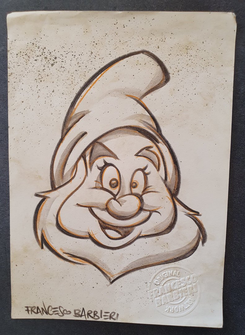 Joyeux, Blanche Neige et les Sept nains, Disney. Dessin original.