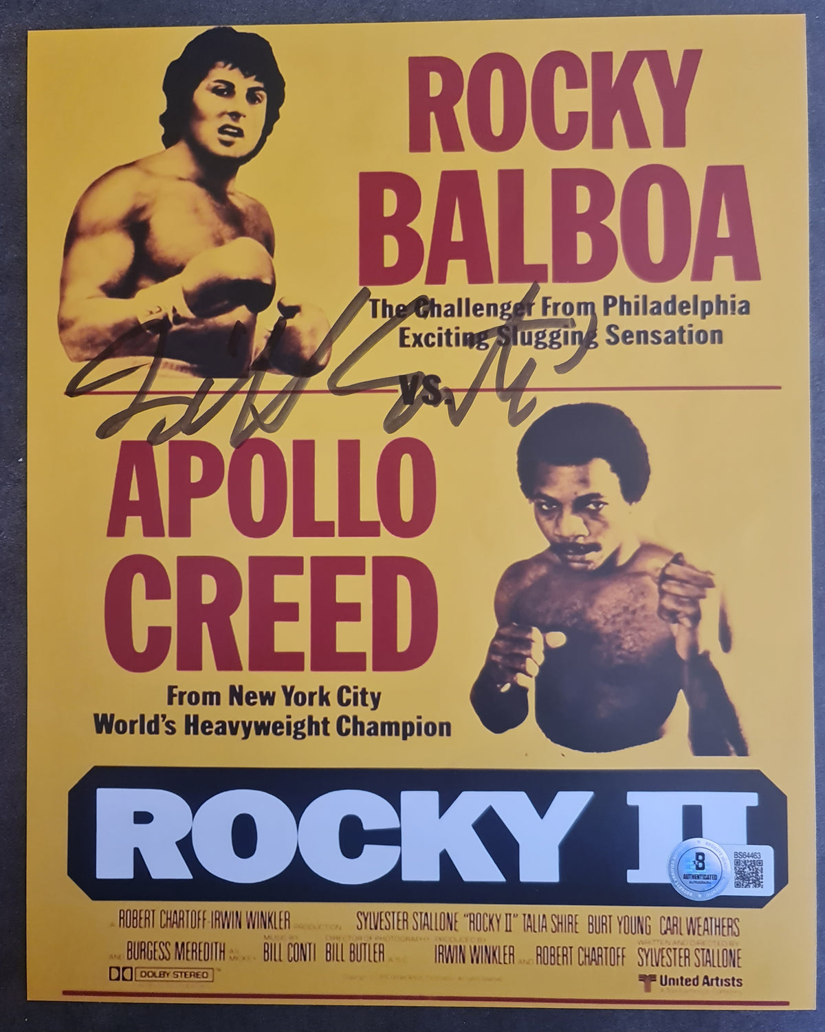 Autographe du compositeur Bill Conti sur affiche du film Rocky 2. Beckett