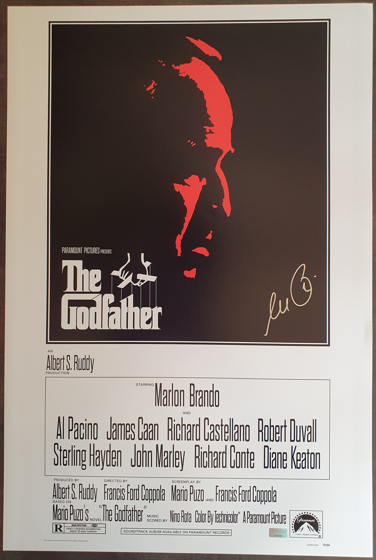 Autographe Al Pacino affiche The Godfather (Le Parrain)