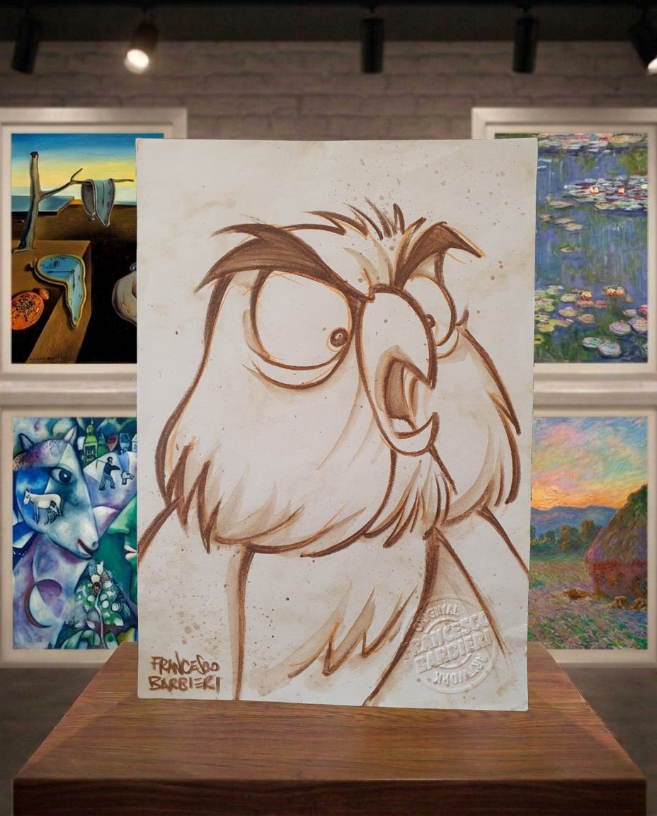 Archimède le hibou, Merlin l'enchanteur, Disney. Dessin original.