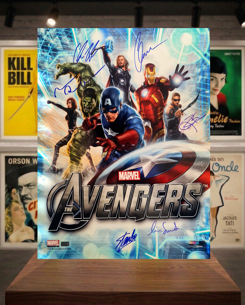 Avengers MARVEL poster signé par : Stan Lee, Evans, Hemsworth, Renner, Ruffalo et Smulders. COA