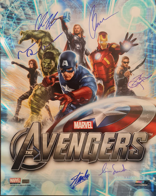 Avengers MARVEL poster signé par : Stan Lee, Evans, Hemsworth, Renner, Ruffalo et Smulders. COA