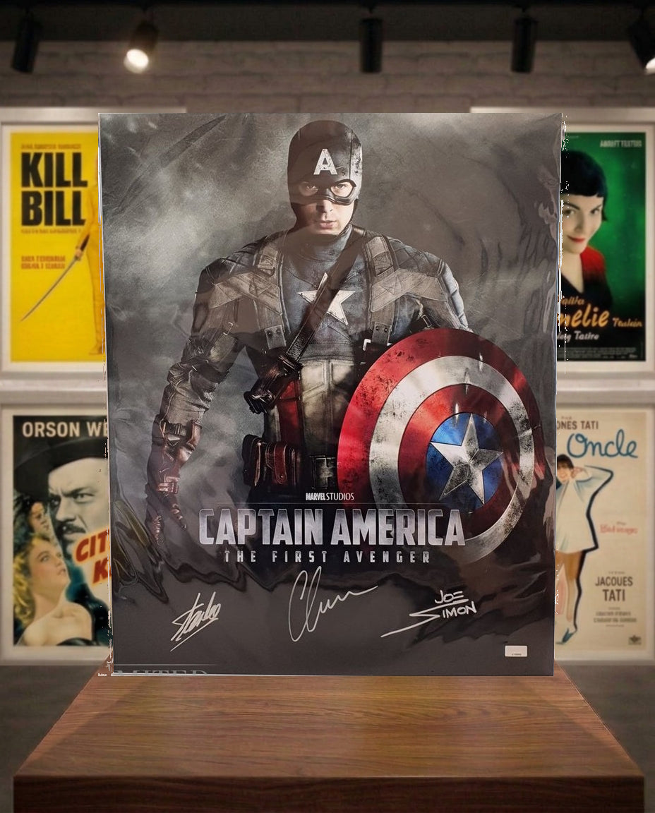 PIECE MAITRESSE Poster Captain America signé par Chris Evans, Stan Lee et Joe Simon Marvel Avengers