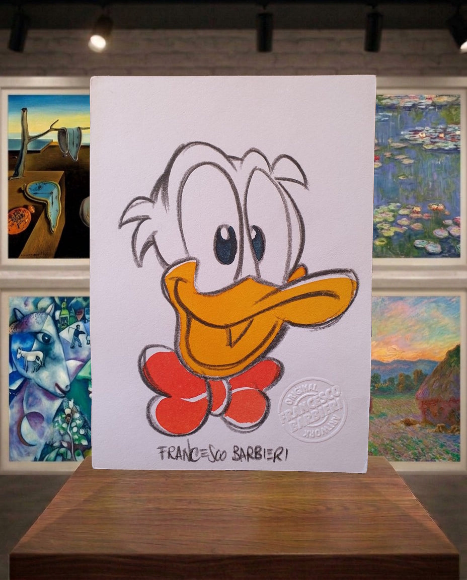 Donald Duck heureux dessin original en couleurs par l'artiste Francesco Barbieri