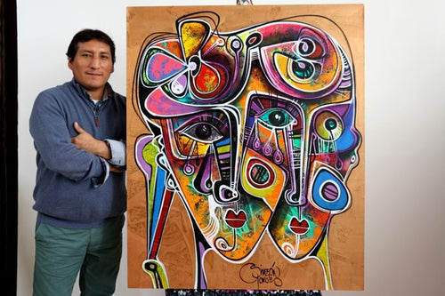 100x120 Acrylique "Juntos en el paraiso dorado" Neuf jamais accroché
