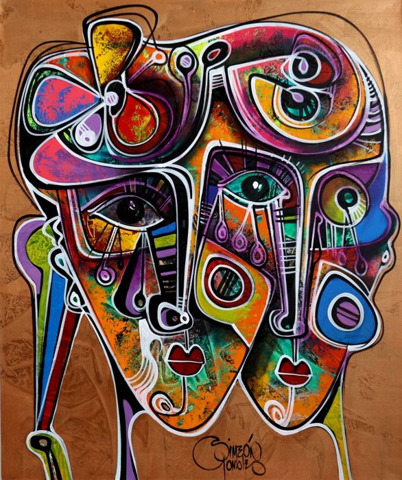 100x120 Acrylique "Juntos en el paraiso dorado" Neuf jamais accroché