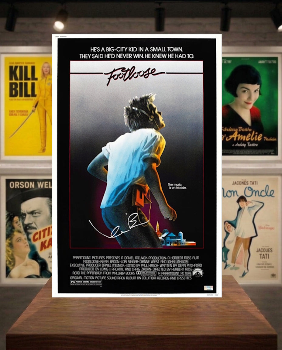 Poster Footloose signé par Kevin Bacon. Certificat d'authenticité avec photo