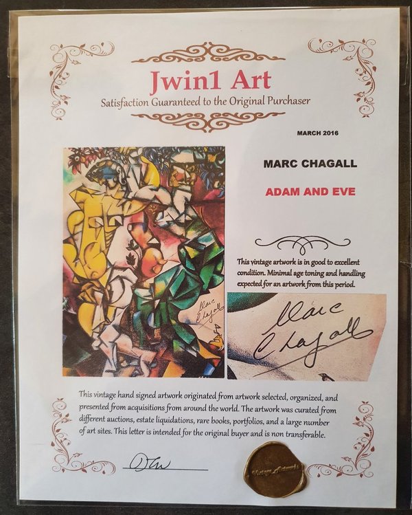 Lithographie signée de Marc Chagall Adam et Eve