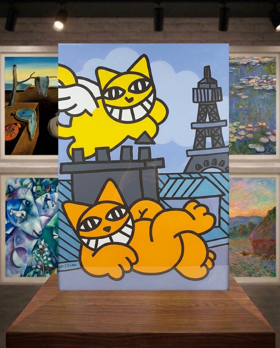 "Chats volants à Paris" sérigraphie de M. CHAT. Epreuve d'artiste