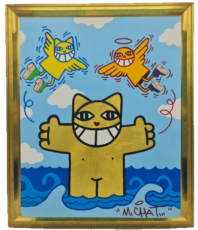 M CHAT Le Saint Instinct acrylique et feuille d'or sur panneau. Vuille