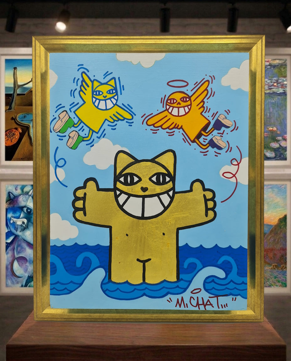 M CHAT Le Saint Instinct acrylique et feuille d'or sur panneau. Vuille