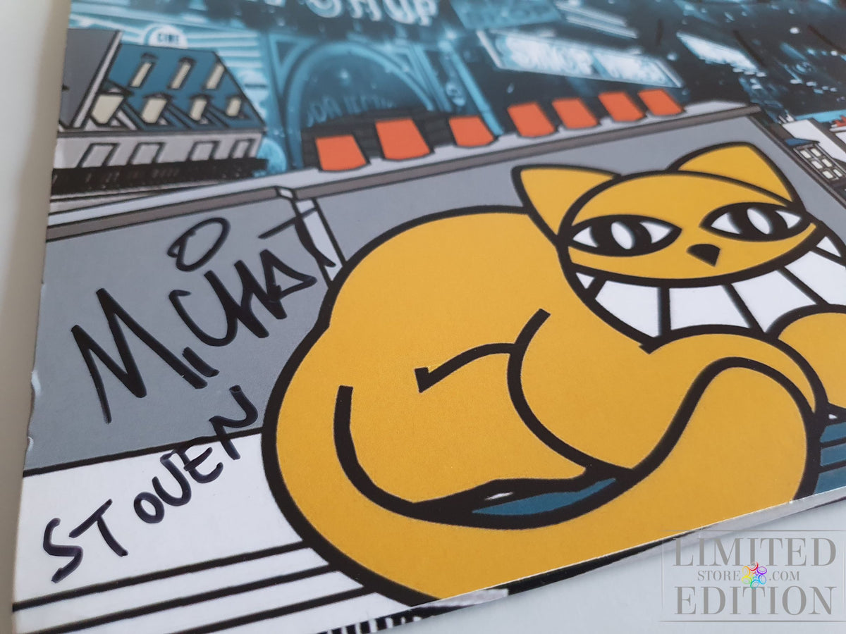 Dessin du street-artist Thoma Vuille sur pochette disque vinyl de M CHAT