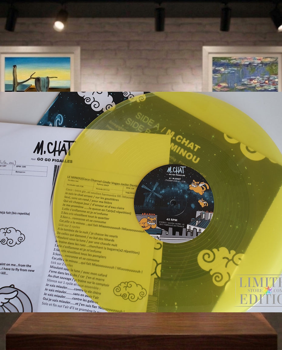 Dessin du street-artist Thoma Vuille sur pochette disque vinyl de M CHAT