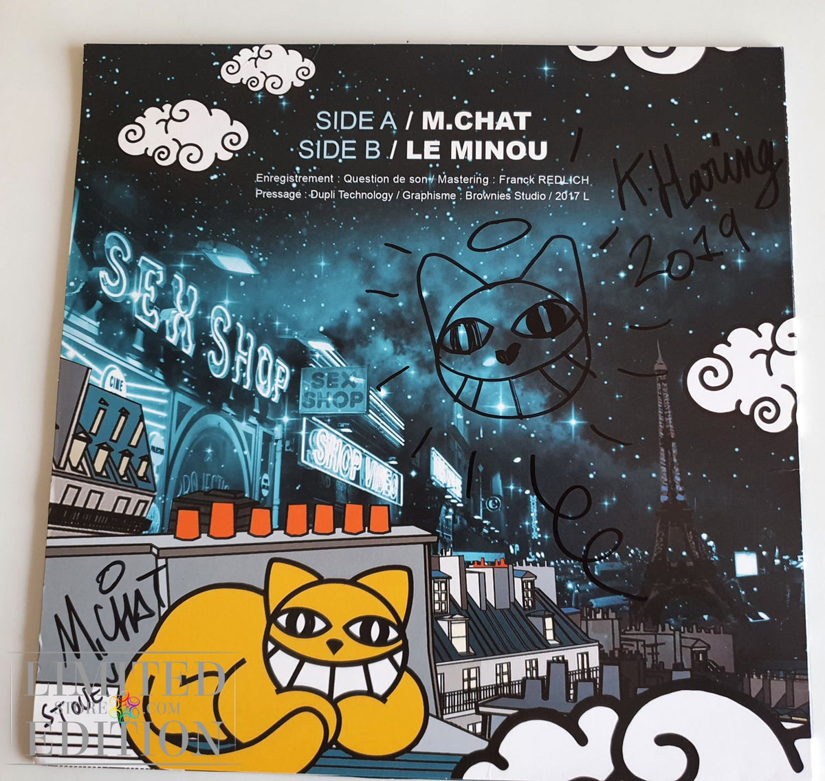 Dessin du street-artist Thoma Vuille sur pochette disque vinyl de M CHAT