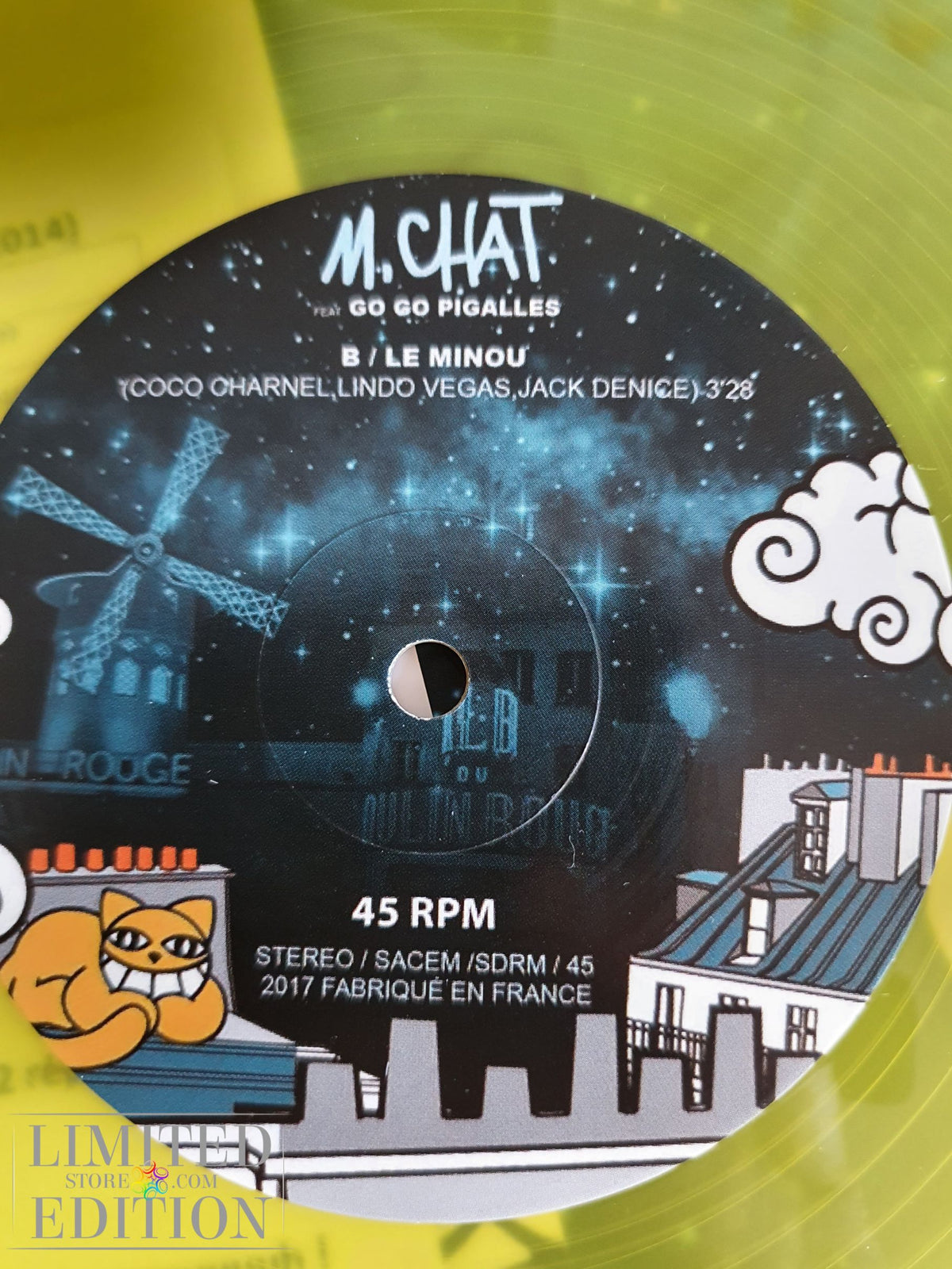 Dessin du street-artist Thoma Vuille sur pochette disque vinyl de M CHAT