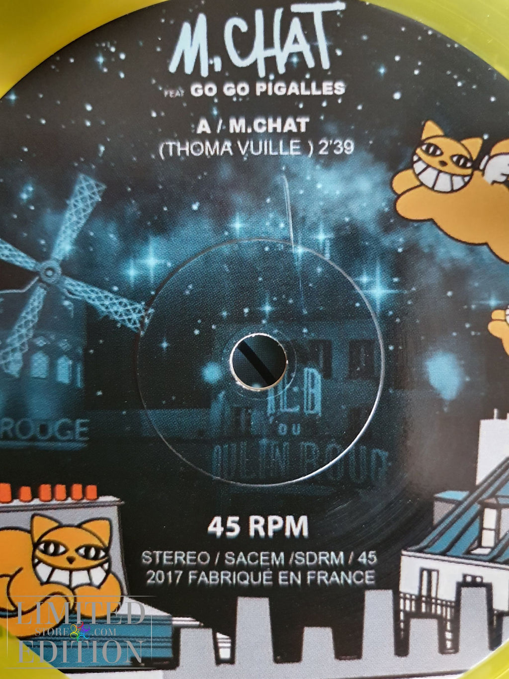 Dessin du street-artist Thoma Vuille sur pochette disque vinyl de M CHAT