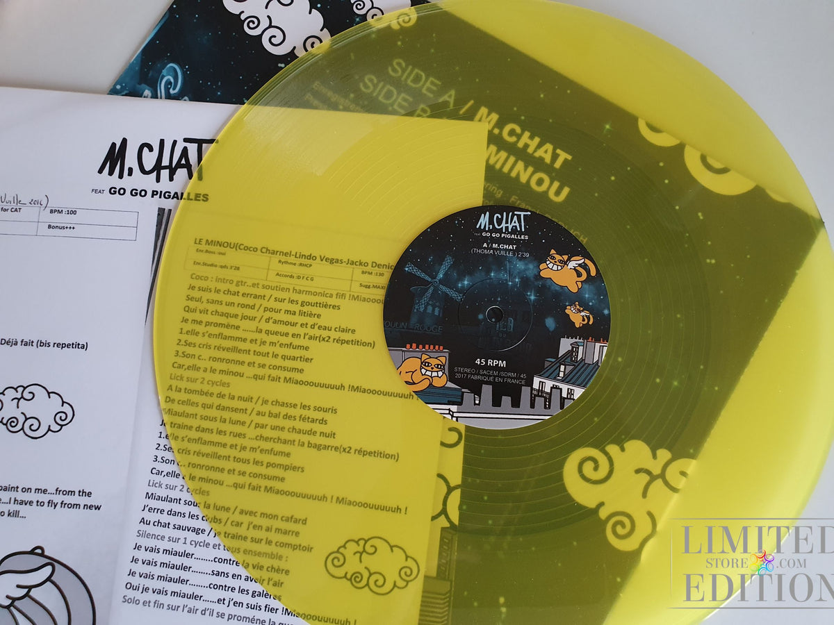 Dessin du street-artist Thoma Vuille sur pochette disque vinyl de M CHAT