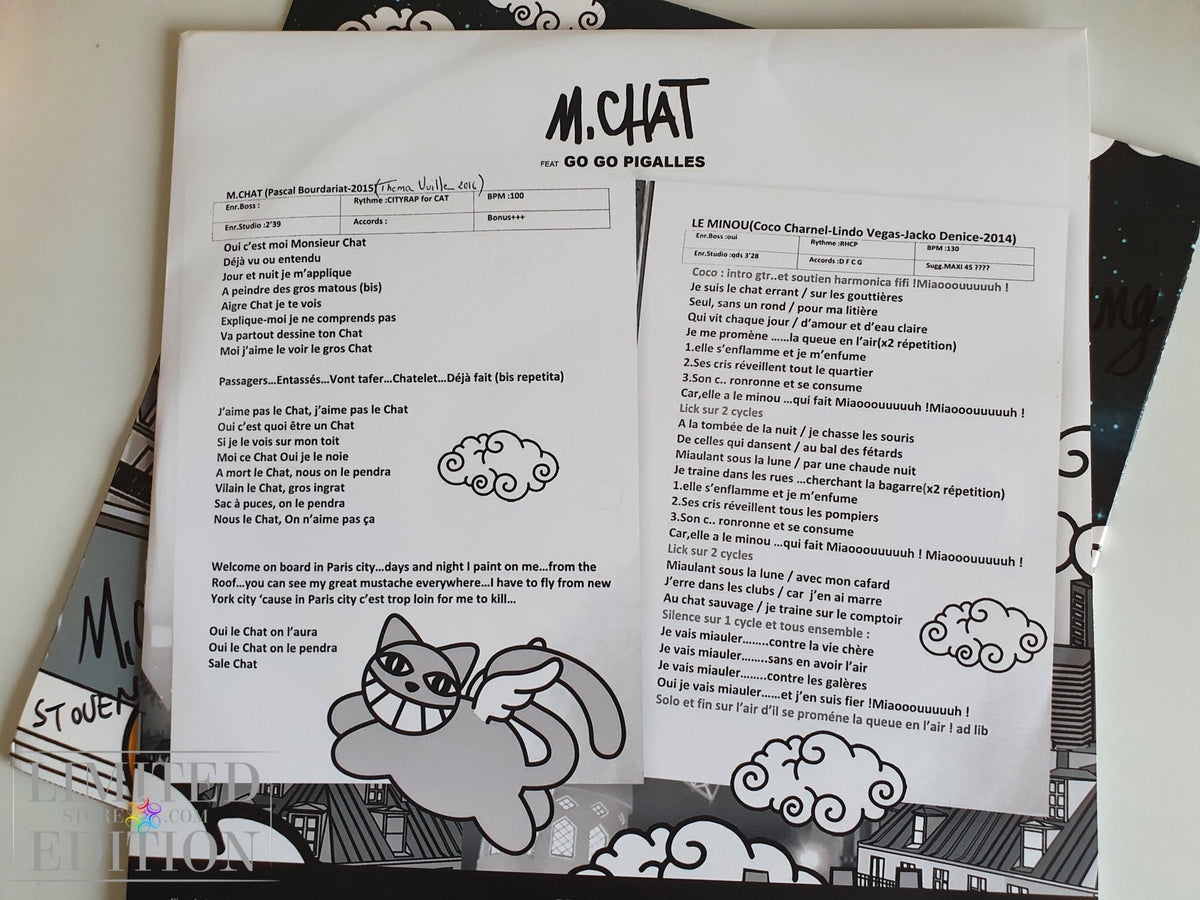 Dessin du street-artist Thoma Vuille sur pochette disque vinyl de M CHAT