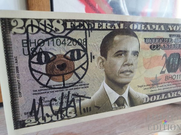 Billet Barack Obama 2008 M. CHAT tamponné et signé dans son bloc plexiglass