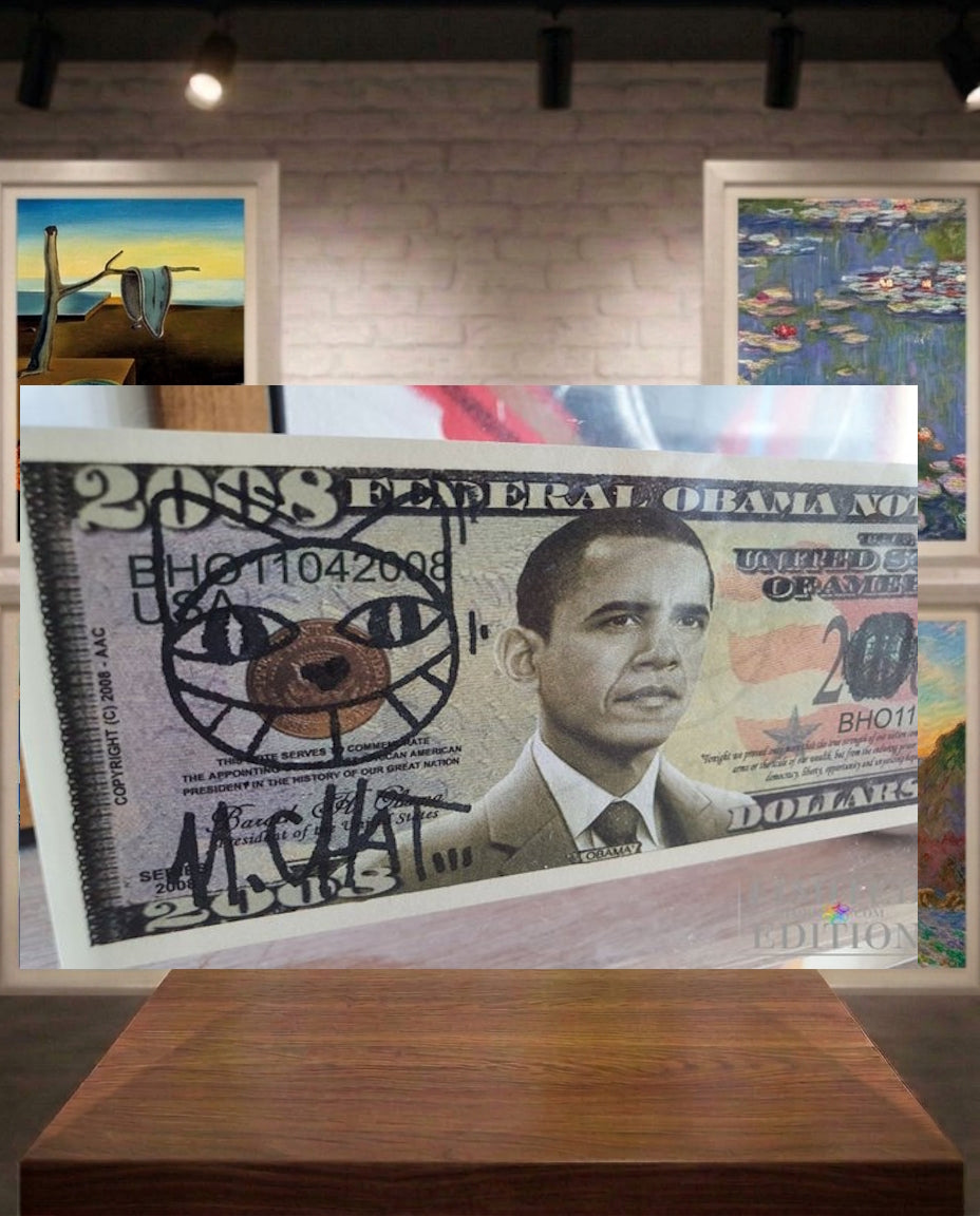 Billet Barack Obama 2008 M. CHAT tamponné et signé dans son bloc plexiglass