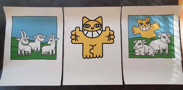 Introuvable ! Trois lithographies de M CHAT tryptique