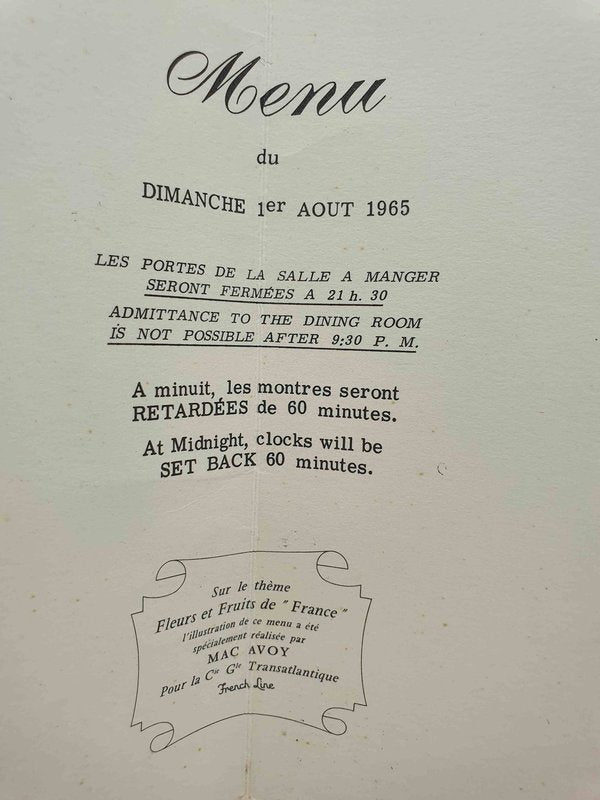 Exceptionnel Menu du Paquebot France 1965 - Blanc