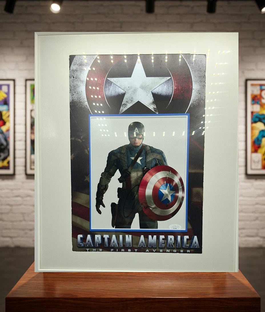 Chris Evans autographe photo Captain America. Encadré. MARVEL Avengers JSA