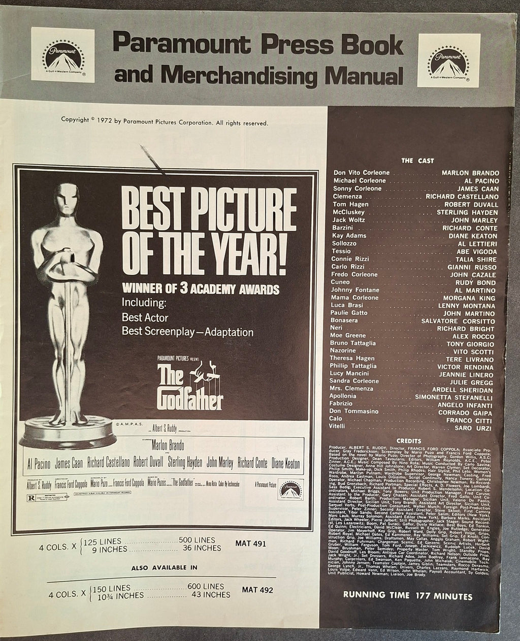Press Book et Manuel de Merchandising pour le film The Godfather - Brando Pacino 1972