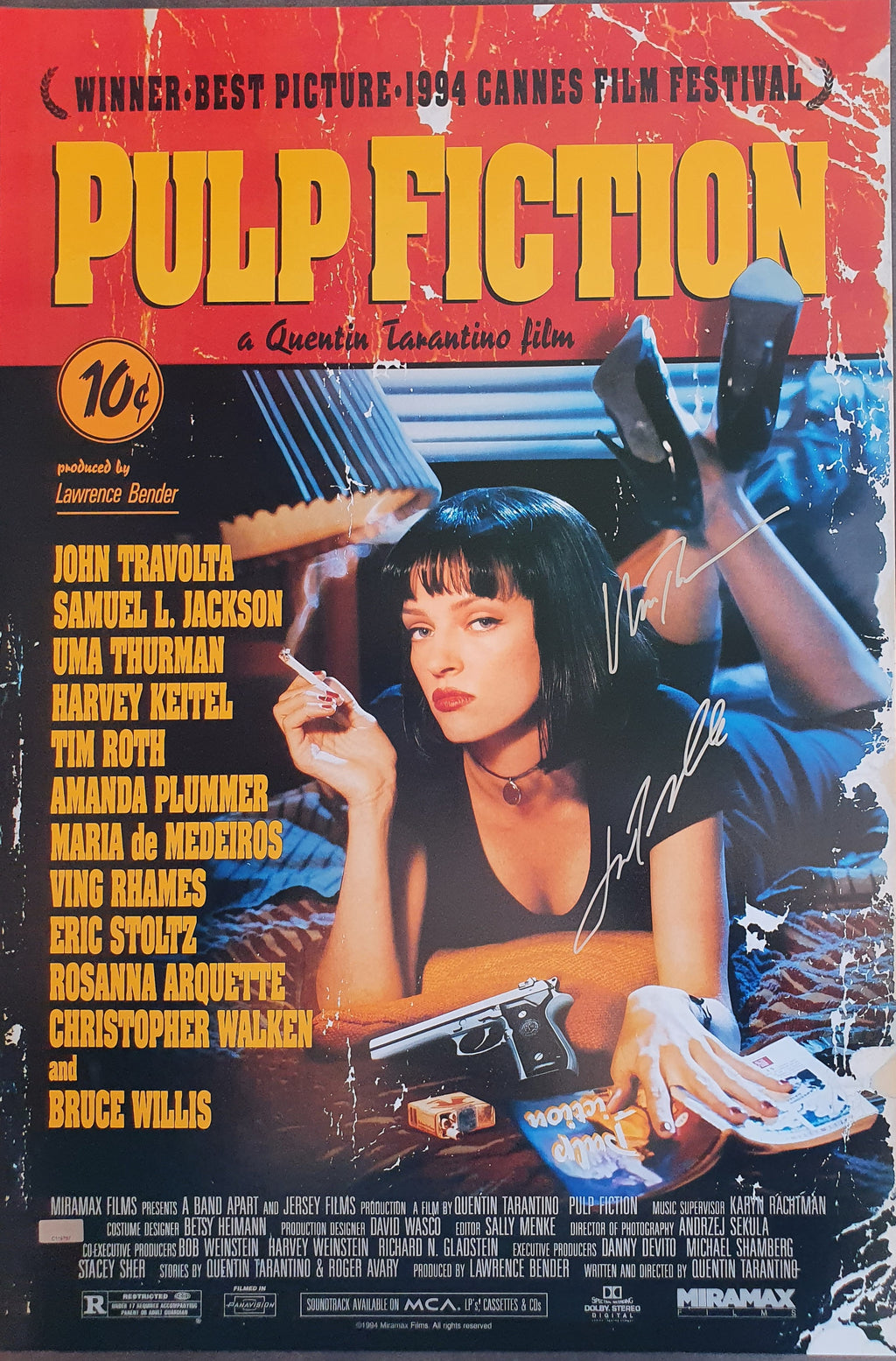 Poster Pulp Fiction signé par Uma Thurman et John Travolta. Certificats avec photos