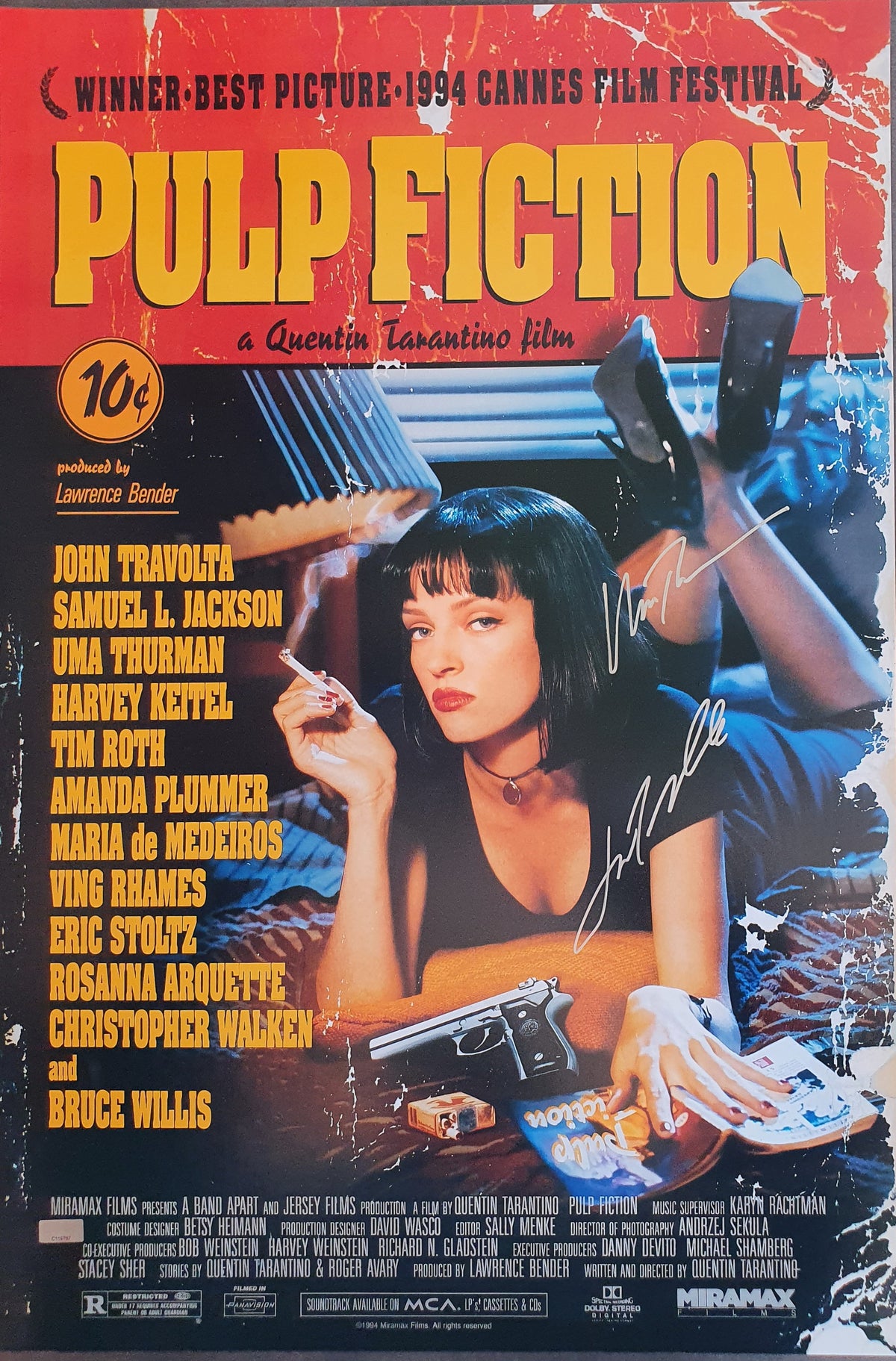 Poster Pulp Fiction signé par Uma Thurman et John Travolta. Certificats avec photos