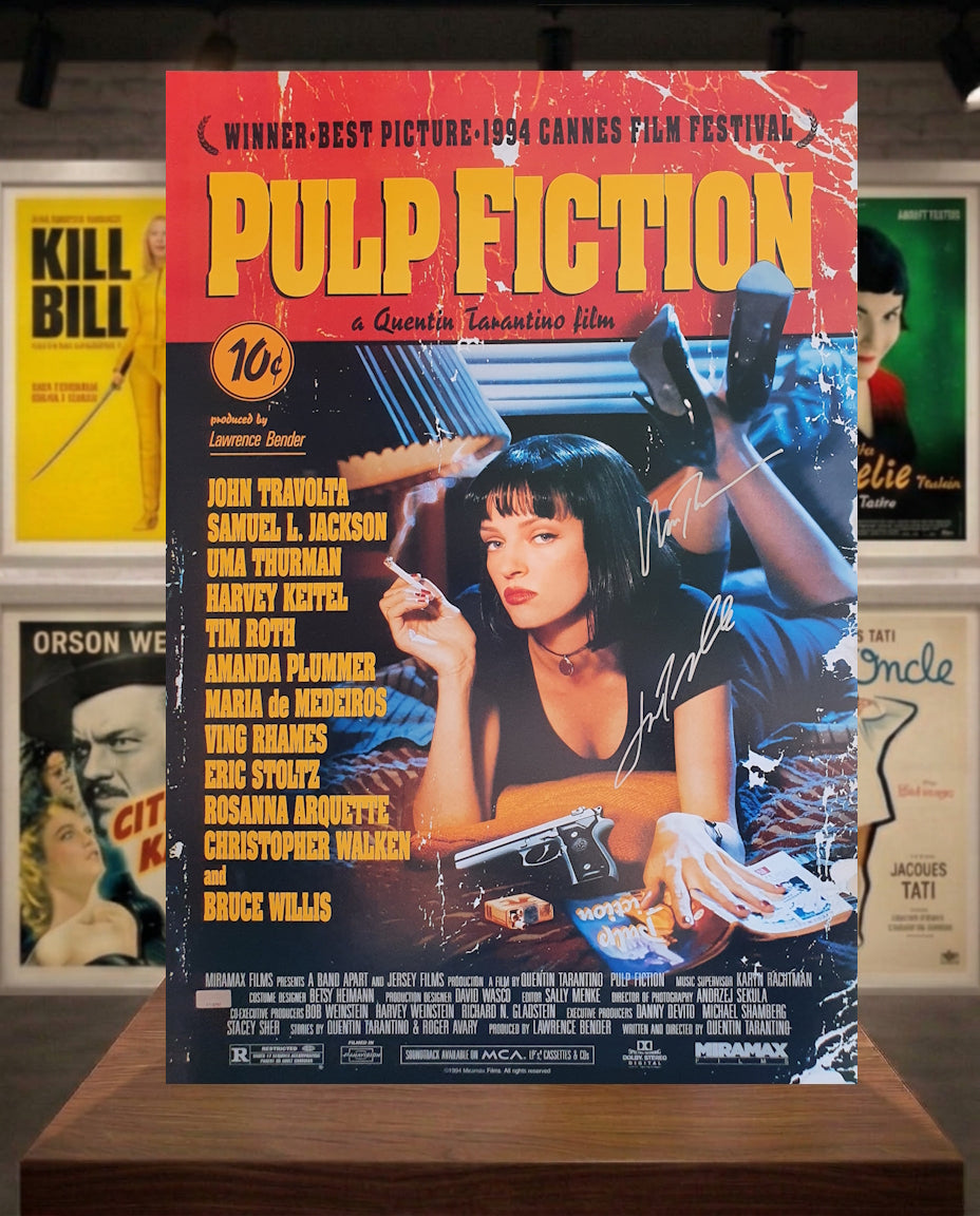Poster Pulp Fiction signé par Uma Thurman et John Travolta. Certificats avec photos