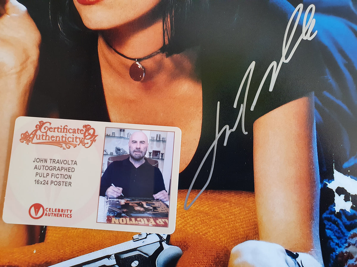 Poster Pulp Fiction signé par Uma Thurman et John Travolta. Certificats avec photos