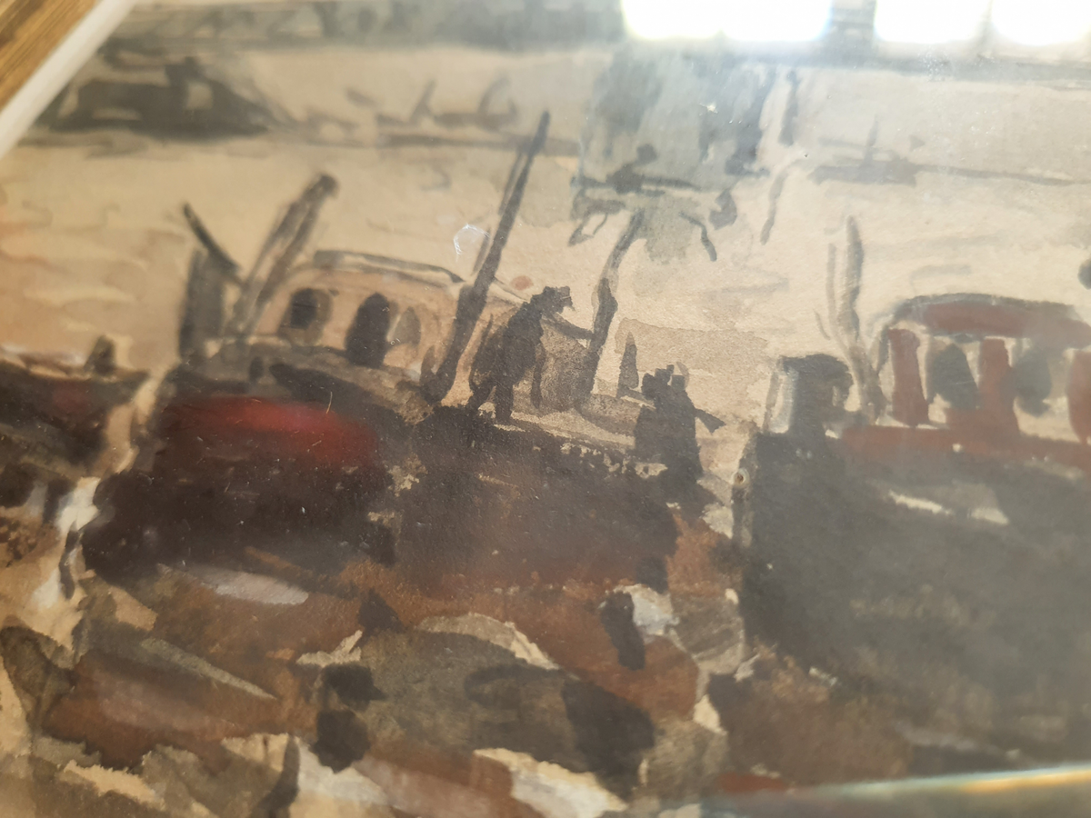 René Prin "Bateaux à quai" aquarelle signée