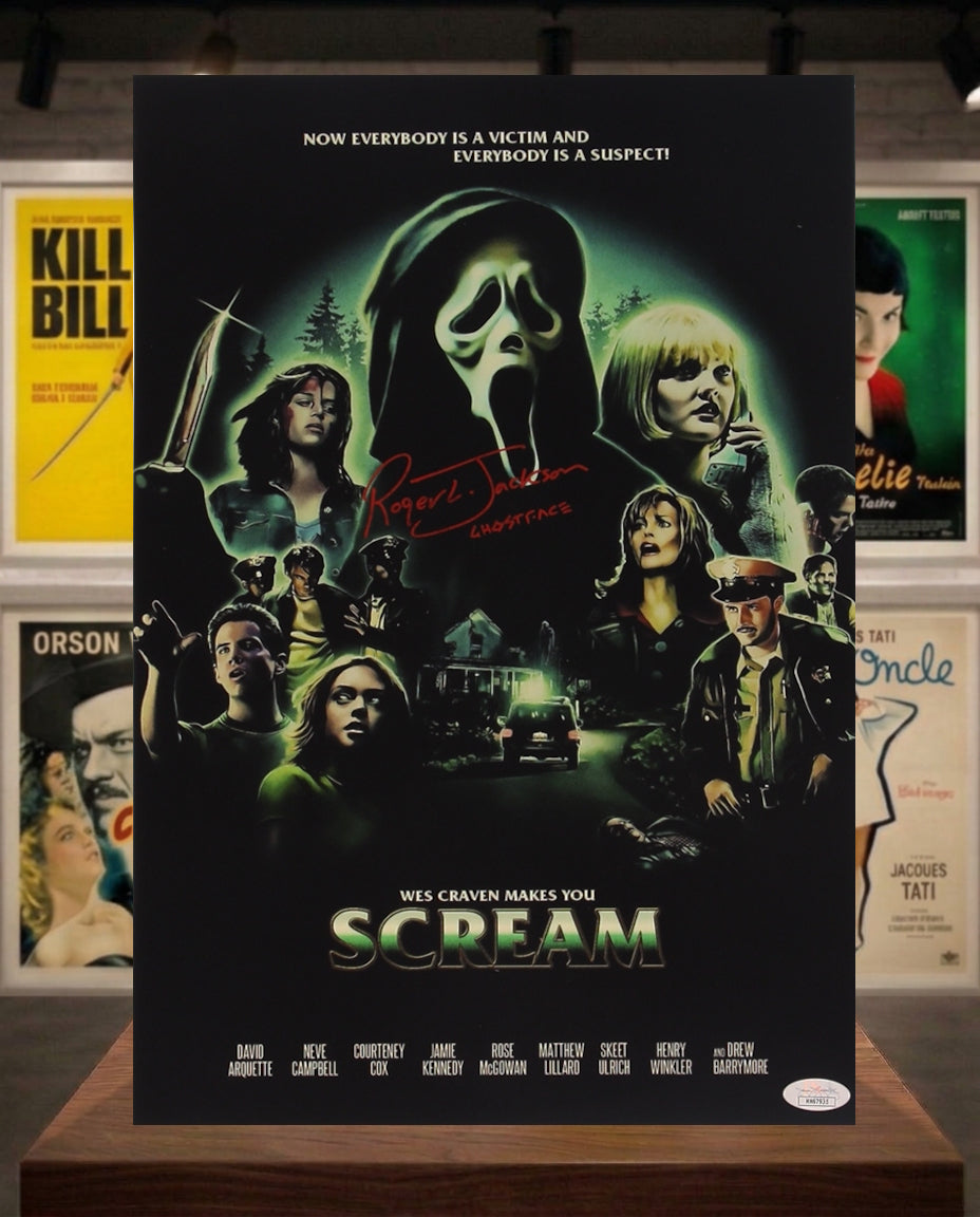 Poster SCREAM avec autographe de Roger Jackson aka Ghostface JSA