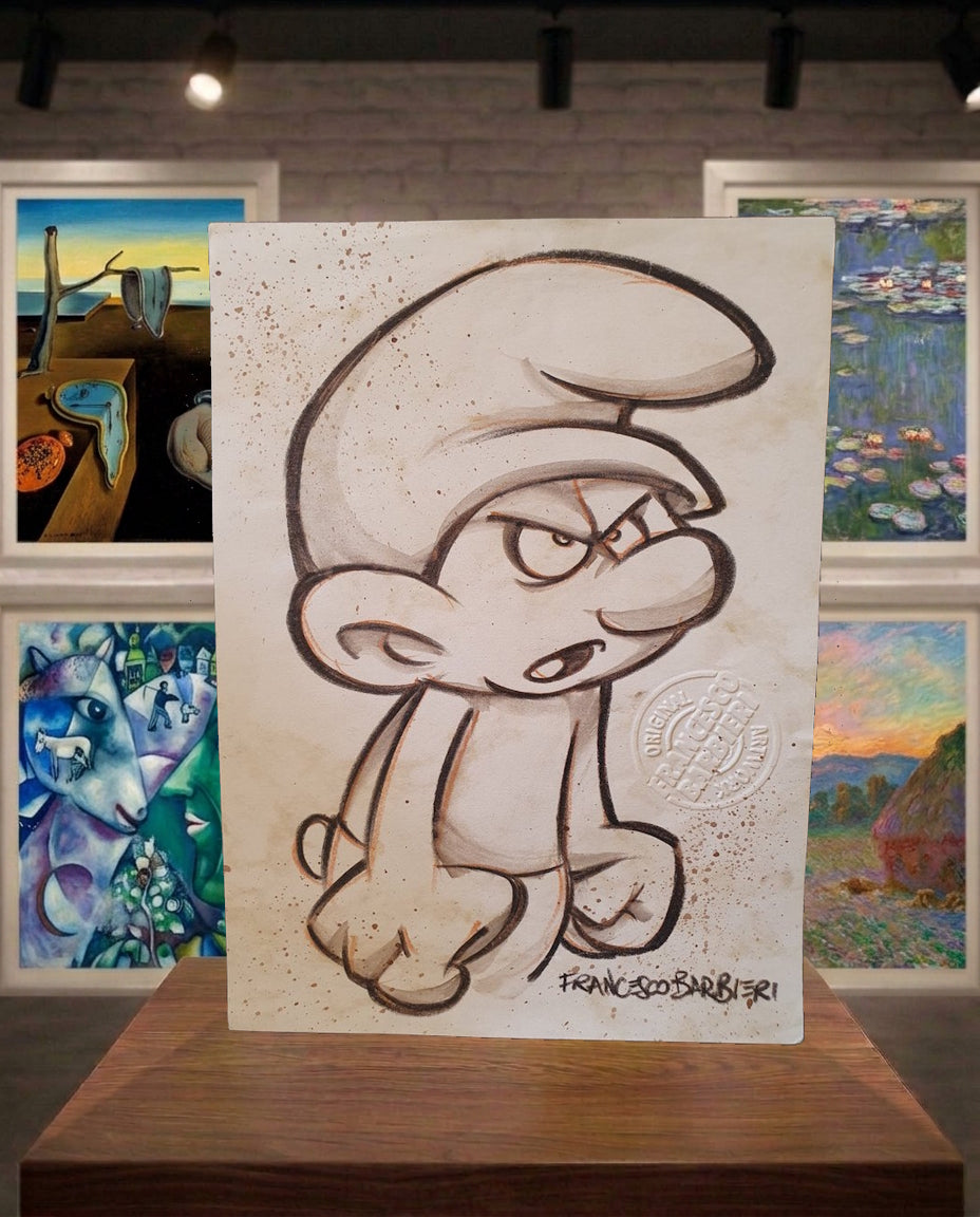 Schtroumpf Grincheux 2. Dessin original.