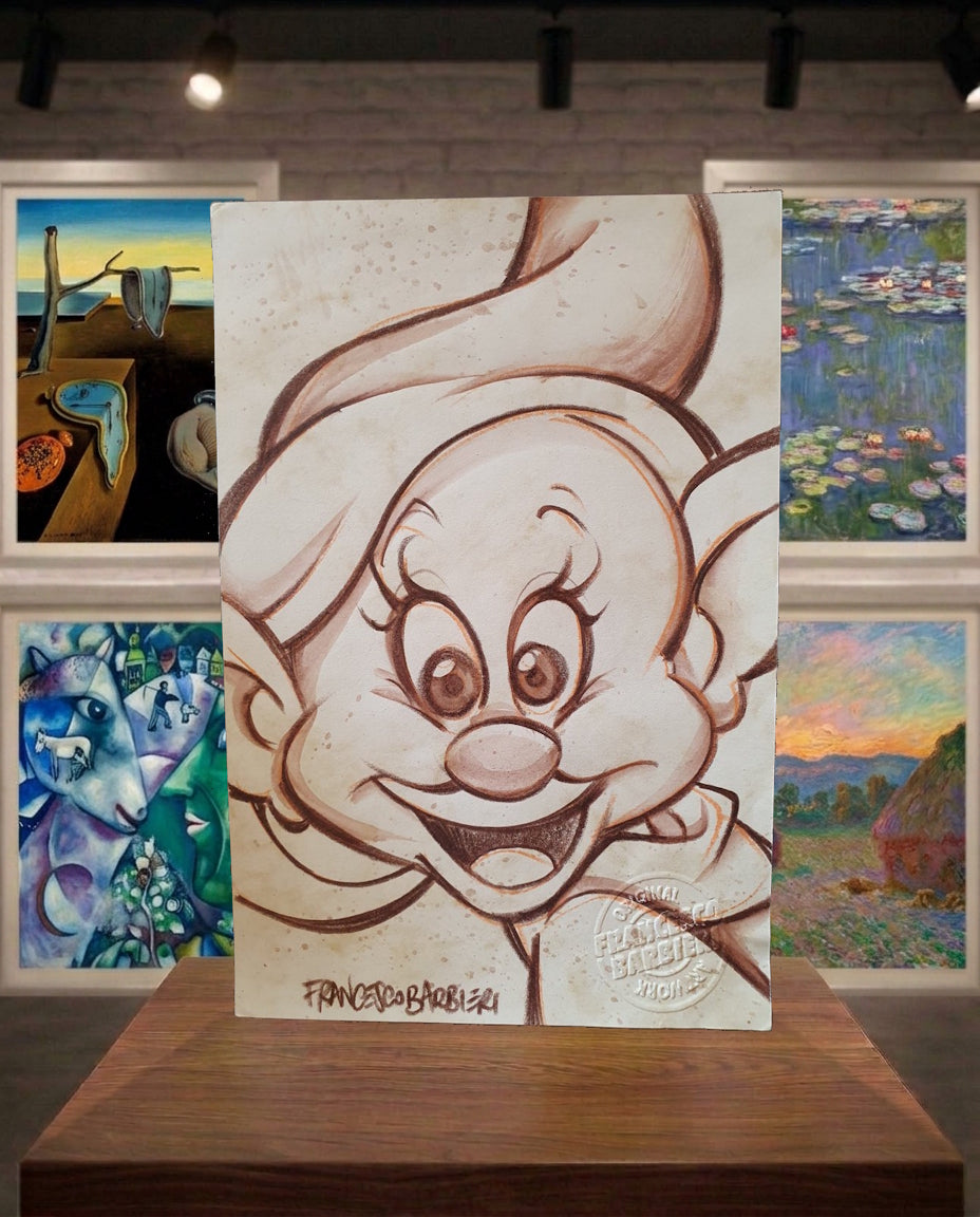 Simplet, Blanche-Neige et les Sept nains, Disney. Dessin original.