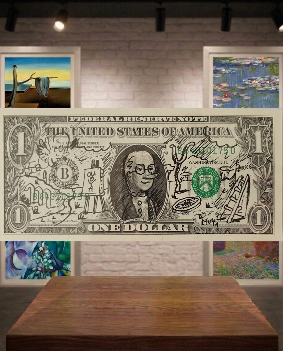 Street art sur billet de $1 Patrick Moya