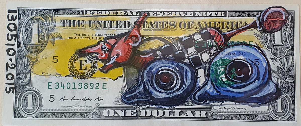 Street art sur billet de $1 par l'artiste 1305iO -Dragon droite