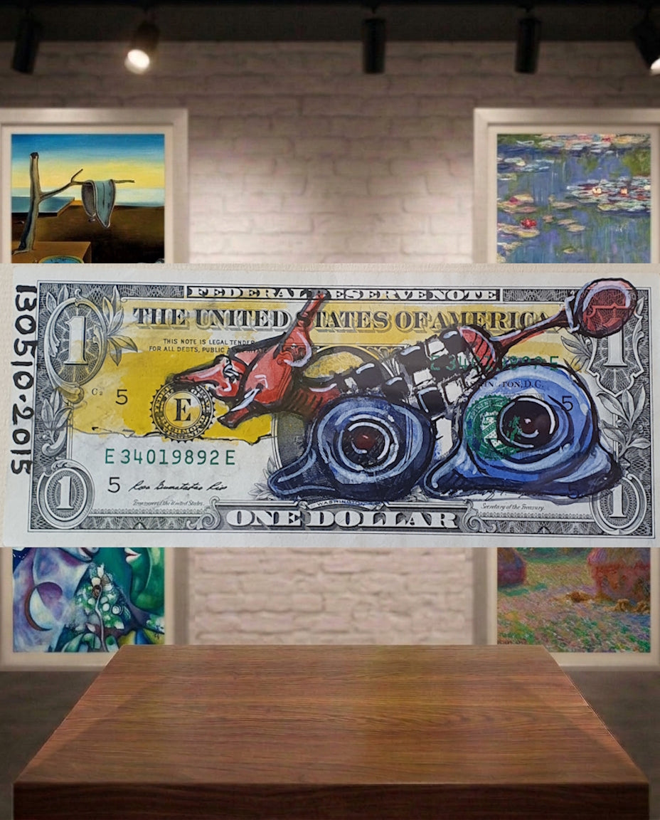 Street art sur billet de $1 par l'artiste 1305iO -Dragon droite