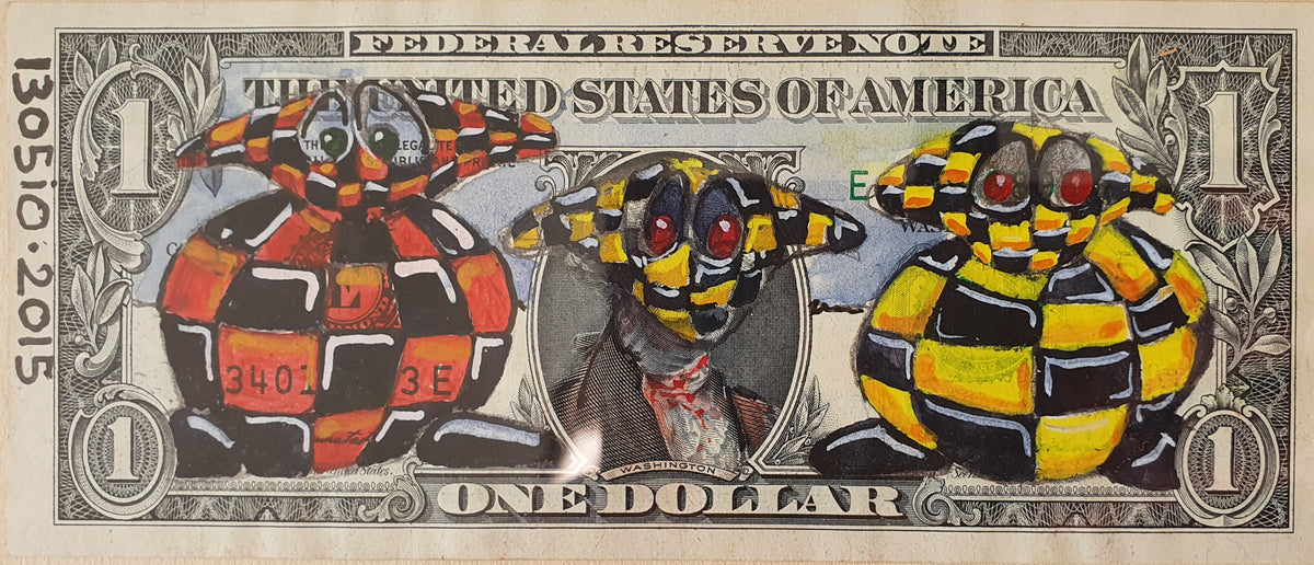 Street art sur billet de $1 par l'artiste 1305iO - Yellow gremlins