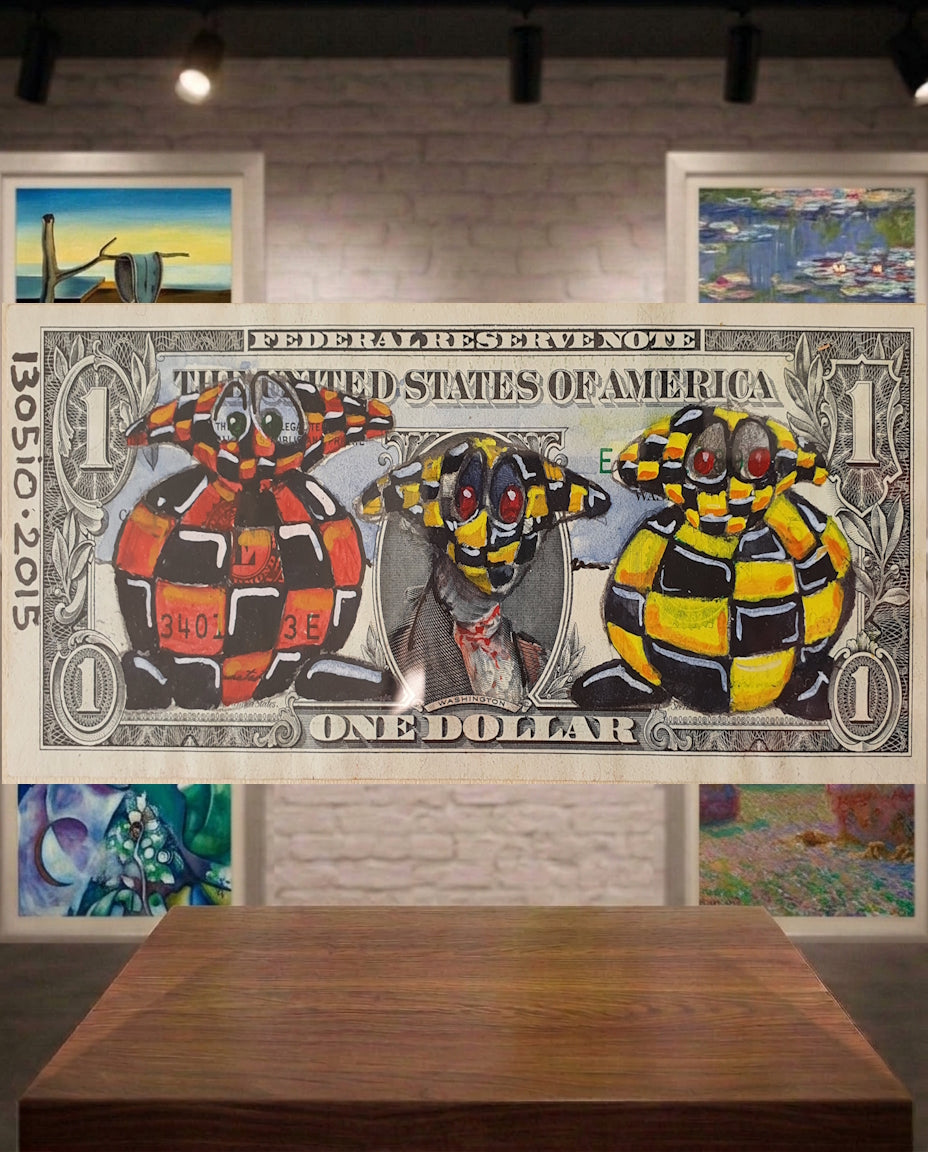 Street art sur billet de $1 par l'artiste 1305iO - Yellow gremlins