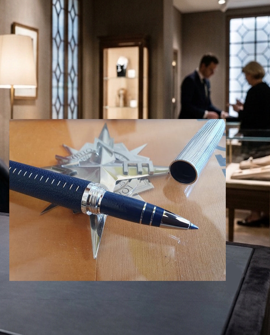 Stylo Louis Vuitton cuir et argent.