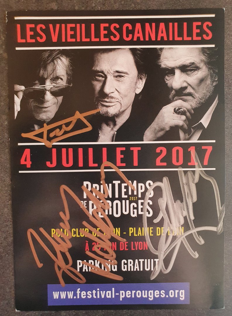 Exceptionnel flyer Les Vieilles Canailles signé par Dutronc Hallyday et Mitchell